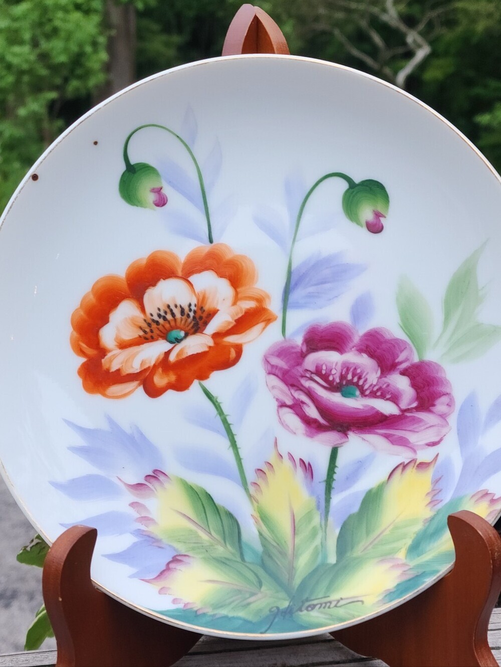 Hand Painted Plate Orange & Pink Poppies with Gold Trim Edge Signed Japan Floral